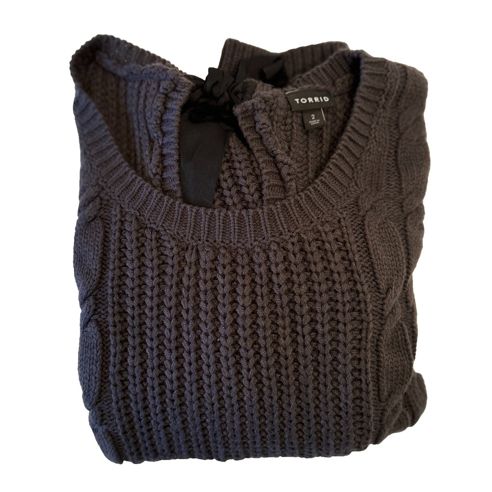 Torrid 2X‎ Cable Knit Sweater Gray Ribbon Tie Back Chunky Soft Pullover